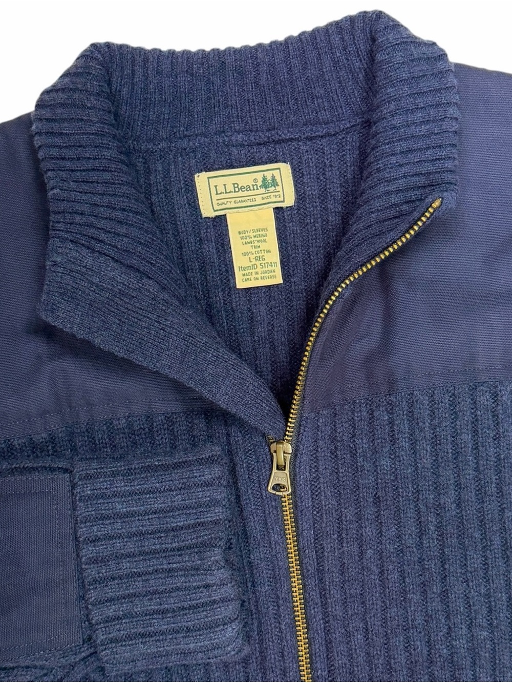 LL Bean Commando Sweater Men Large Blue Lambs Wool Cardigan Full Zip Elbow Patch